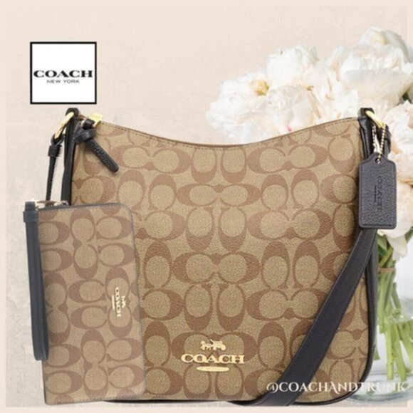 Coach Handbags - COACH 2 PCS NWT Ellie File Bag Khaki Black And Long Zip Around Wrist Strap